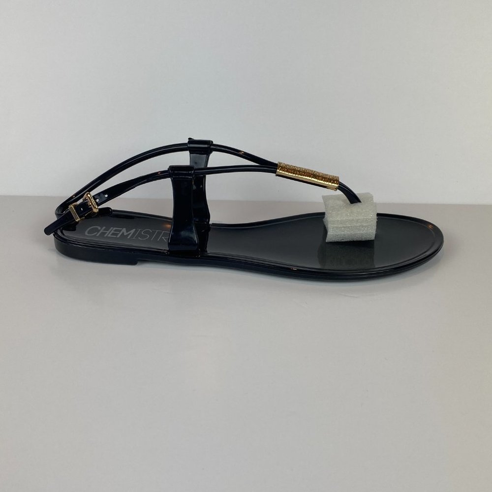 Chemistry Jelly Thong Sandals Women 6 Diana T Strap Gold Accent Black
